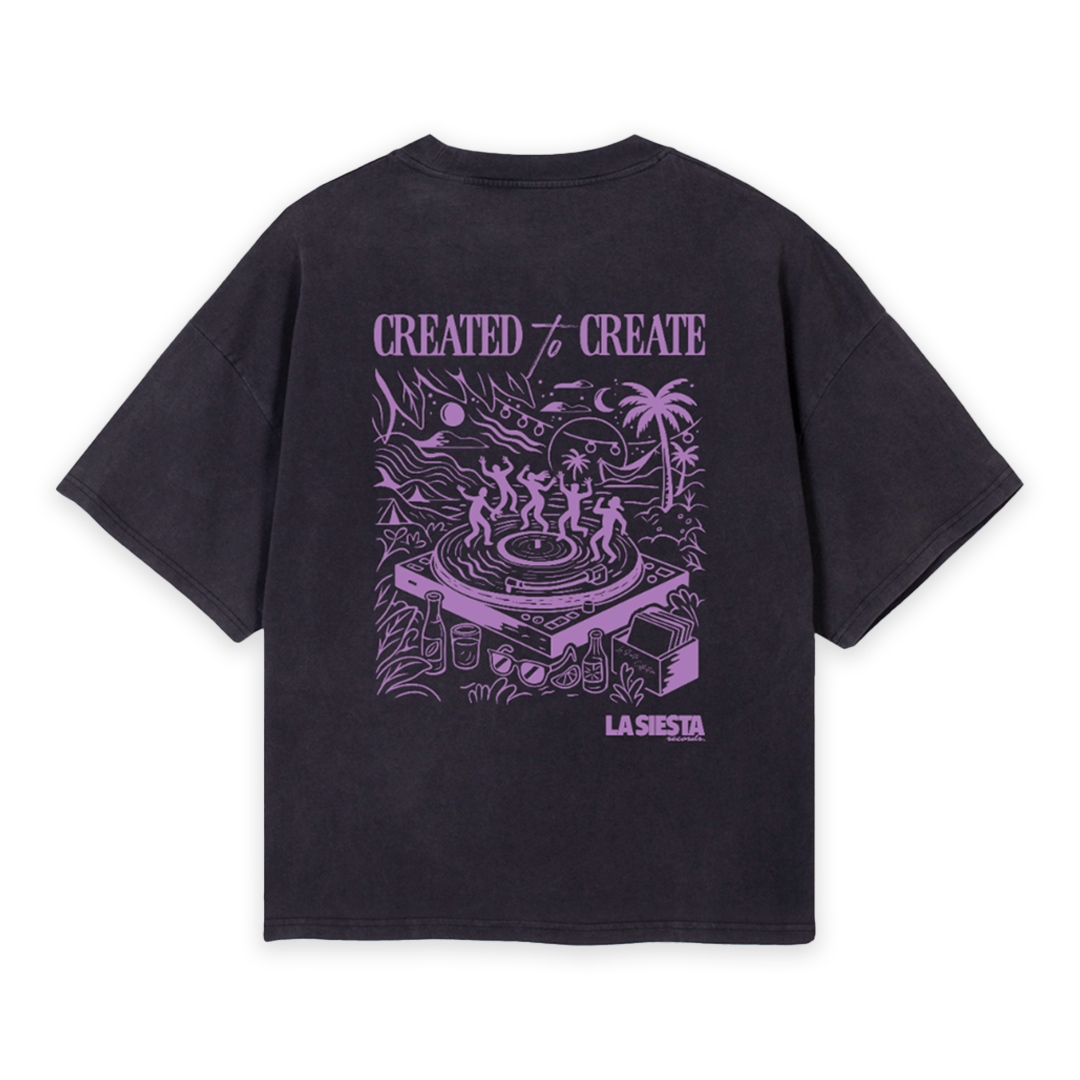 LA SIESTA Created to Create vintage black oversized boxy t-shirt with graphic illustration and text, back view