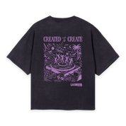 LA SIESTA Created to Create vintage black oversized boxy t-shirt with graphic illustration and text, back view