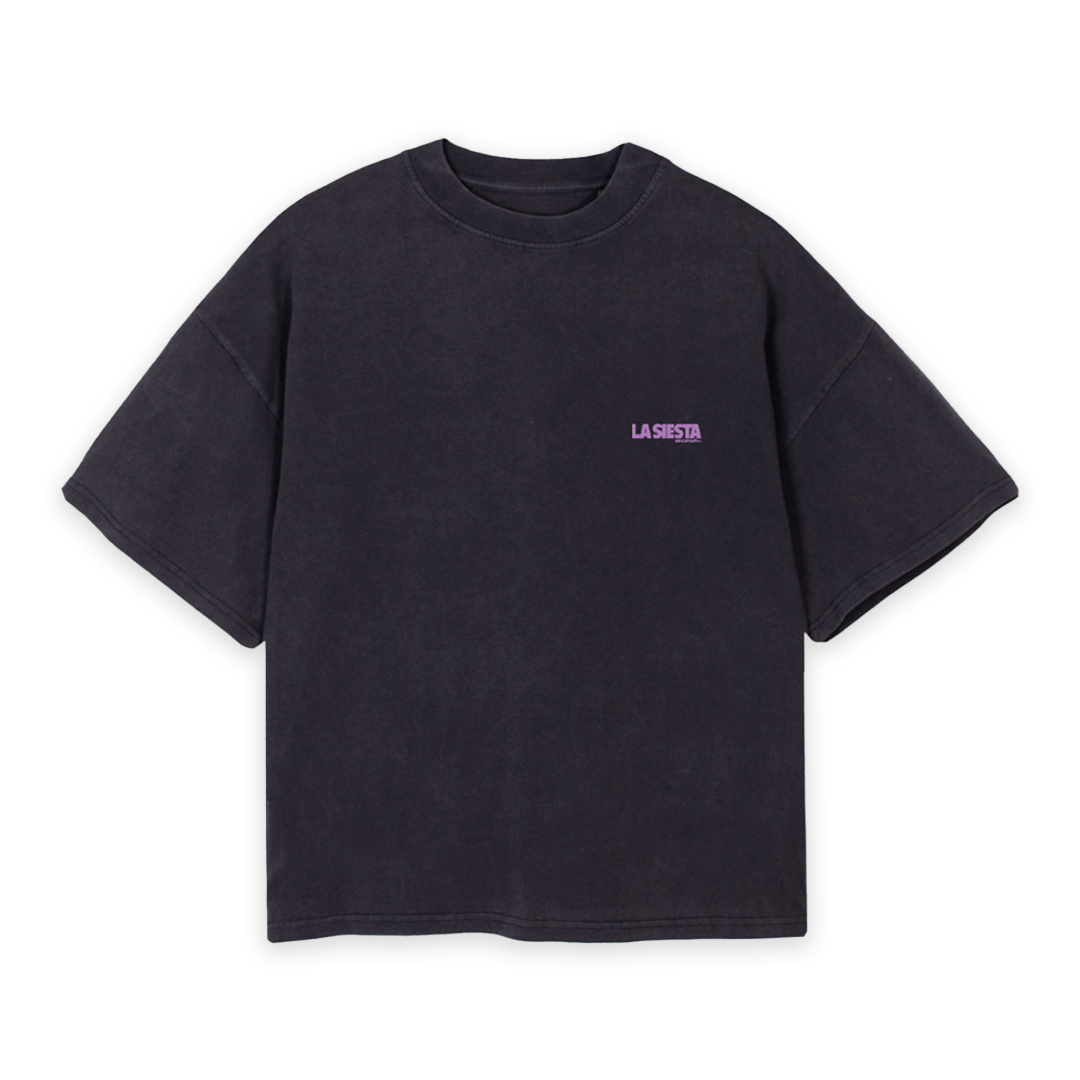 LA SIESTA Created to Create vintage black oversized boxy t-shirt with lilac logo, front view