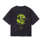 LA SIESTA x LILYA MANDRE vintage black oversized boxy t-shirt with record-inspired graphic and text, back view