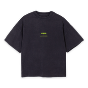 LA SIESTA x LILYA MANDRE vintage black oversized boxy t-shirt with neon green logo, front view
