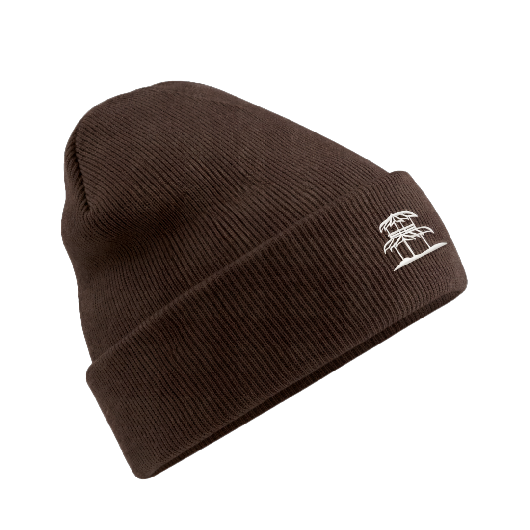 Brown LA SIESTA beanie with embroidered monogram logo, heavyweight knit cuffed beanie for warmth and everyday wear.