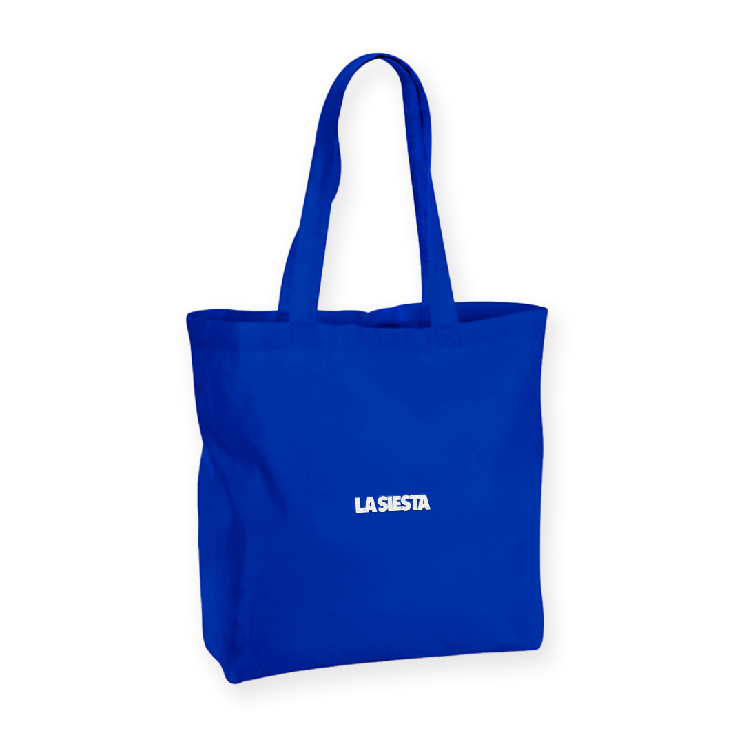 LA SIESTA everyday cobalt blue canvas tote bag with white embroidered logo, front view