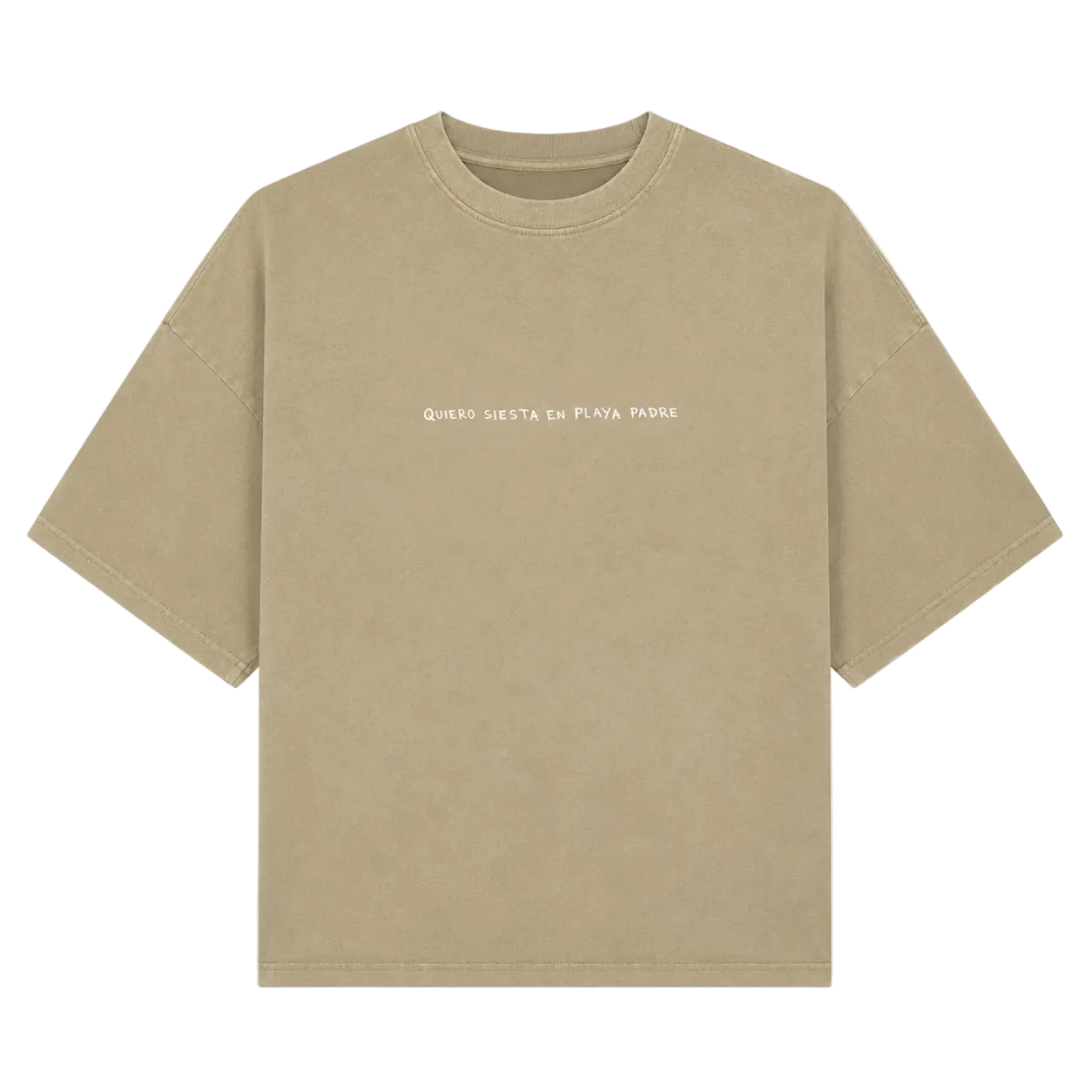 A beige short-sleeve crewneck t-shirt with small white text on the chest reading 'QUERO SIESTA EN PLAYA PARDE', displayed flat against a light off-white background.