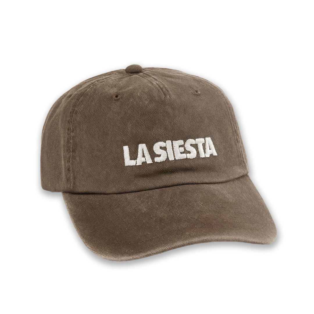 LA SIESTA washed brown logo cap with embroidered text, front view