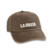 LA SIESTA washed brown logo cap with embroidered text, front view