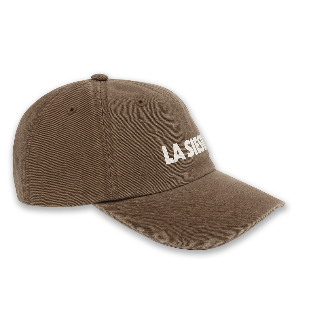 LA SIESTA washed brown cotton cap with embroidered logo, side view