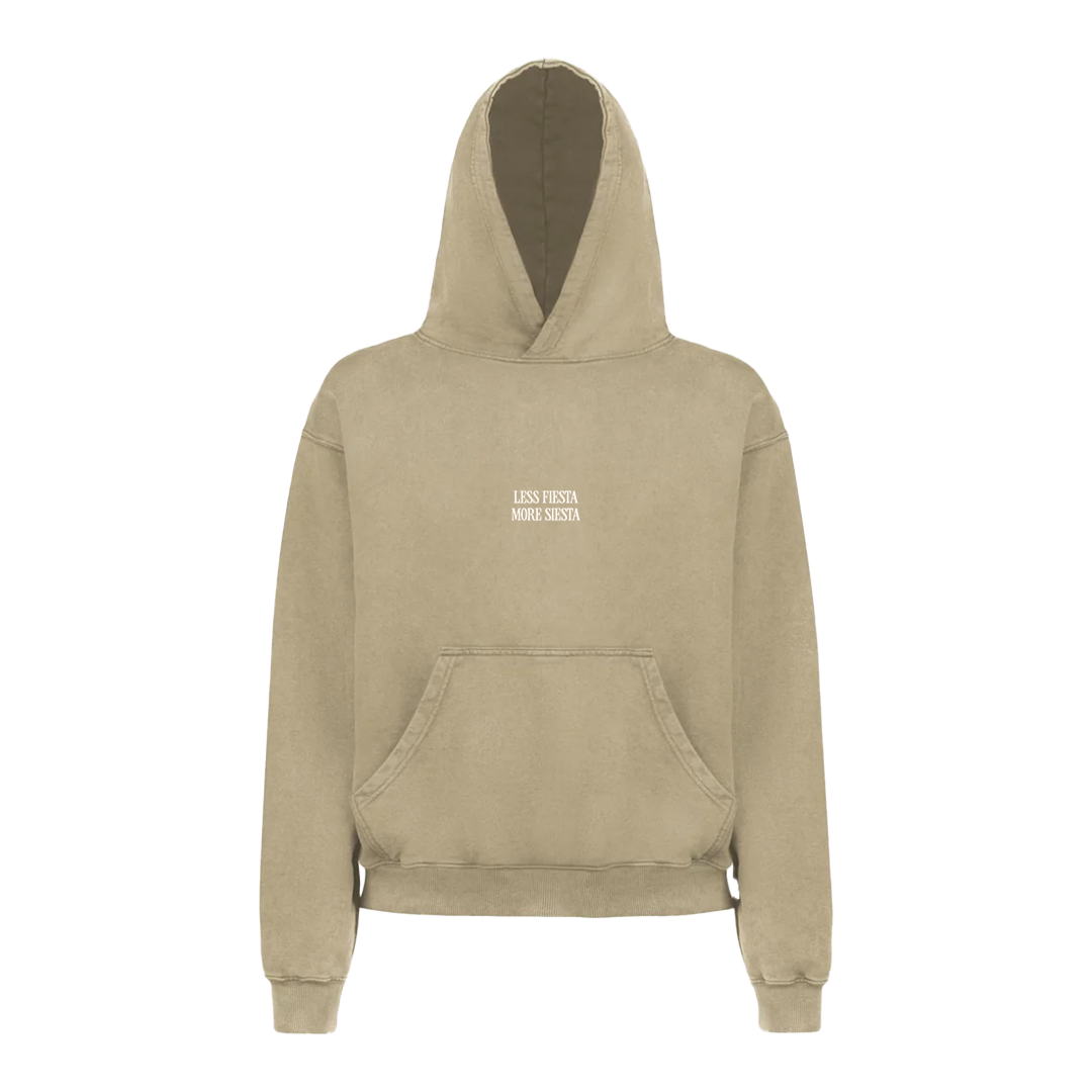 LA SIESTA “Less Fiesta More Siesta” washed sand oversized hoodie with front text, front view