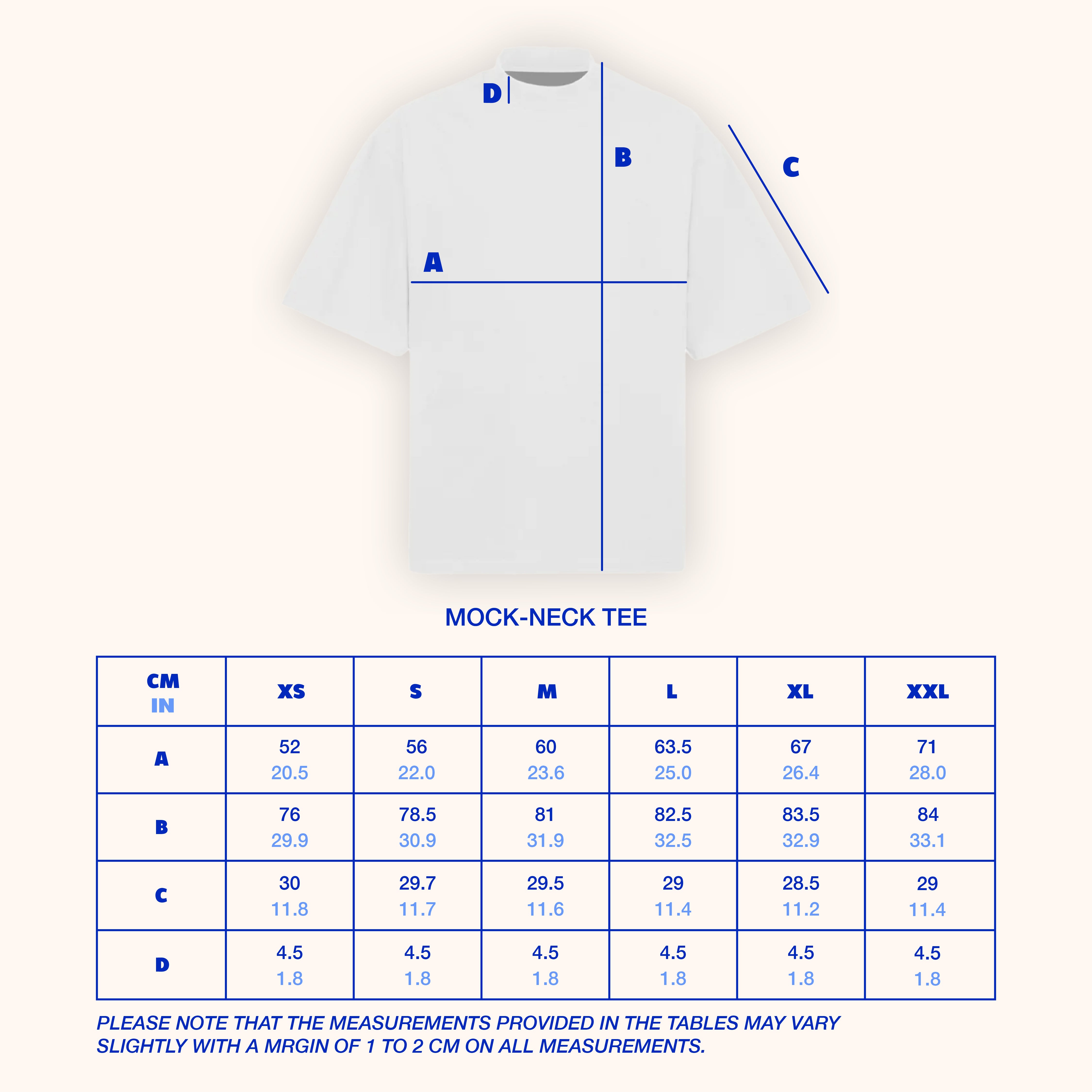 White mock-neck tee with measurement chart on a white background