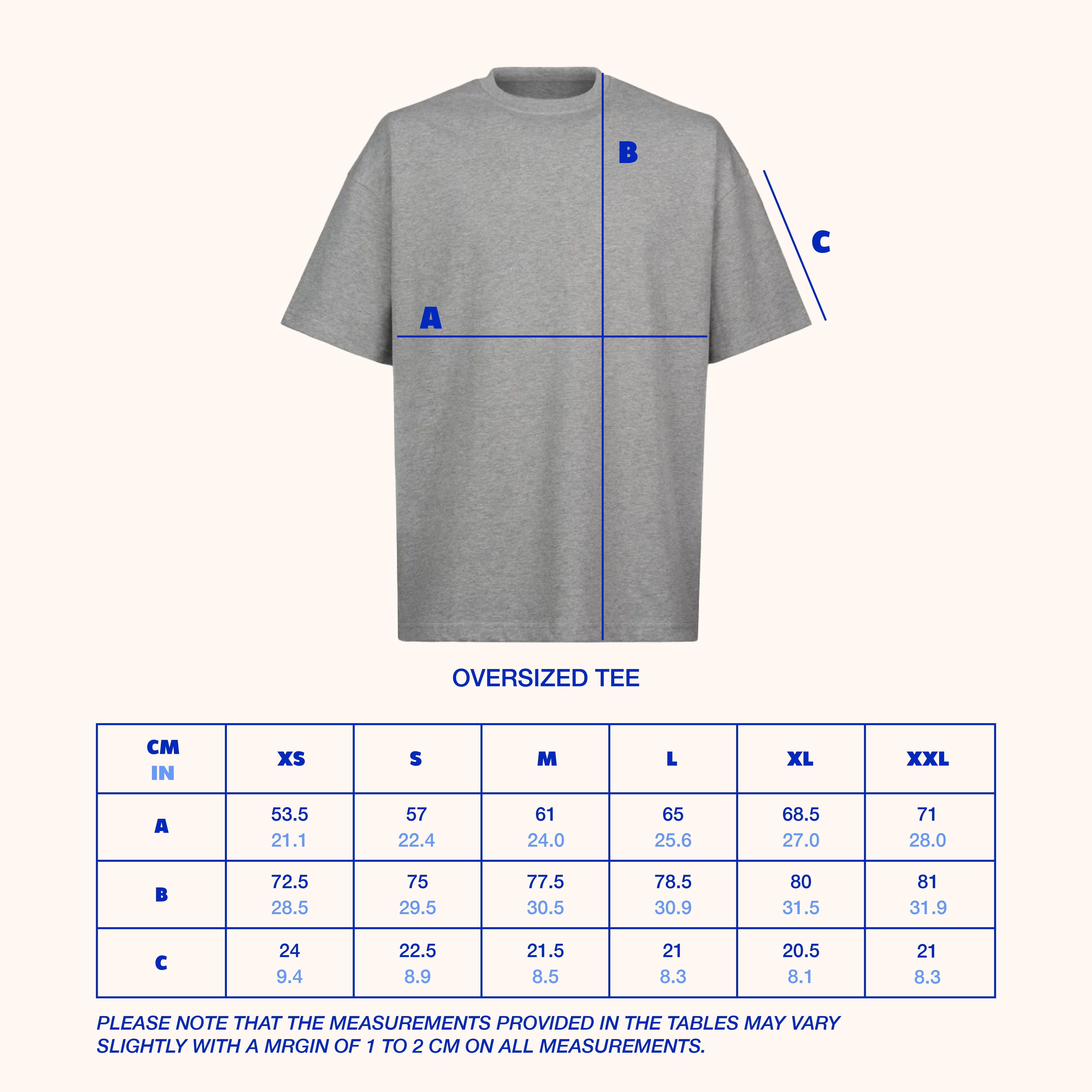 Gray oversized t-shirt with measurement lines and a size chart on a white background