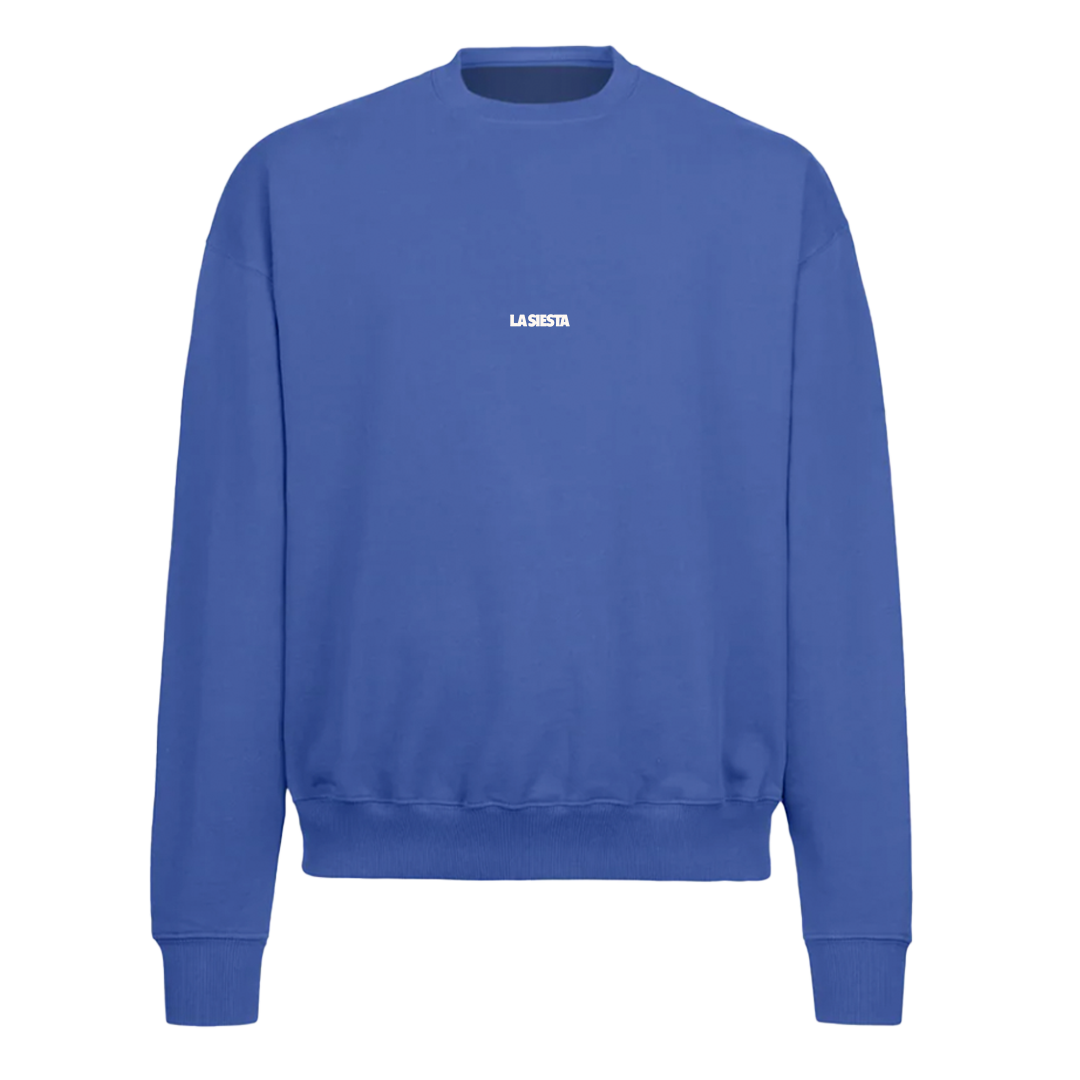 LA SIESTA “When in Siesta Mode” cobalt blue oversized crew neck sweatshirt with logo, front view