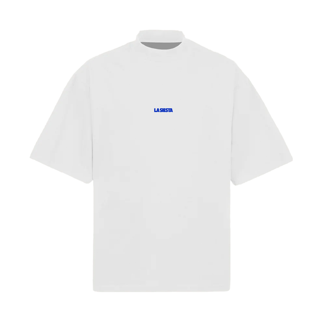 LA SIESTA “Slowing Down Is a Radical Act” oversized white mock neck t-shirt, front view