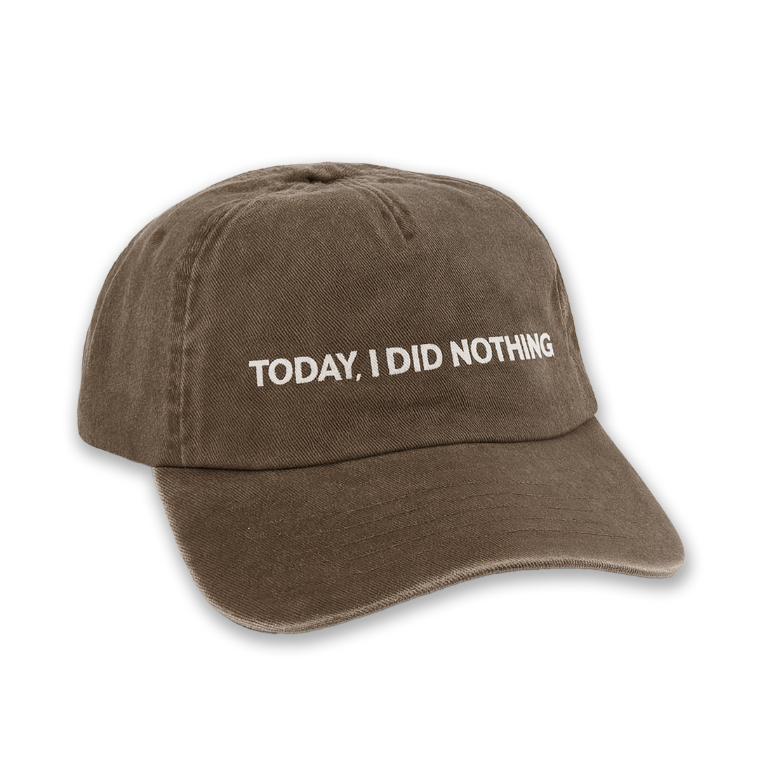 LA SIESTA “Today, I Did Nothing” washed brown cap with embroidered text, front view