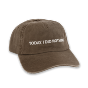LA SIESTA “Today, I Did Nothing” washed brown cap with embroidered text, front view