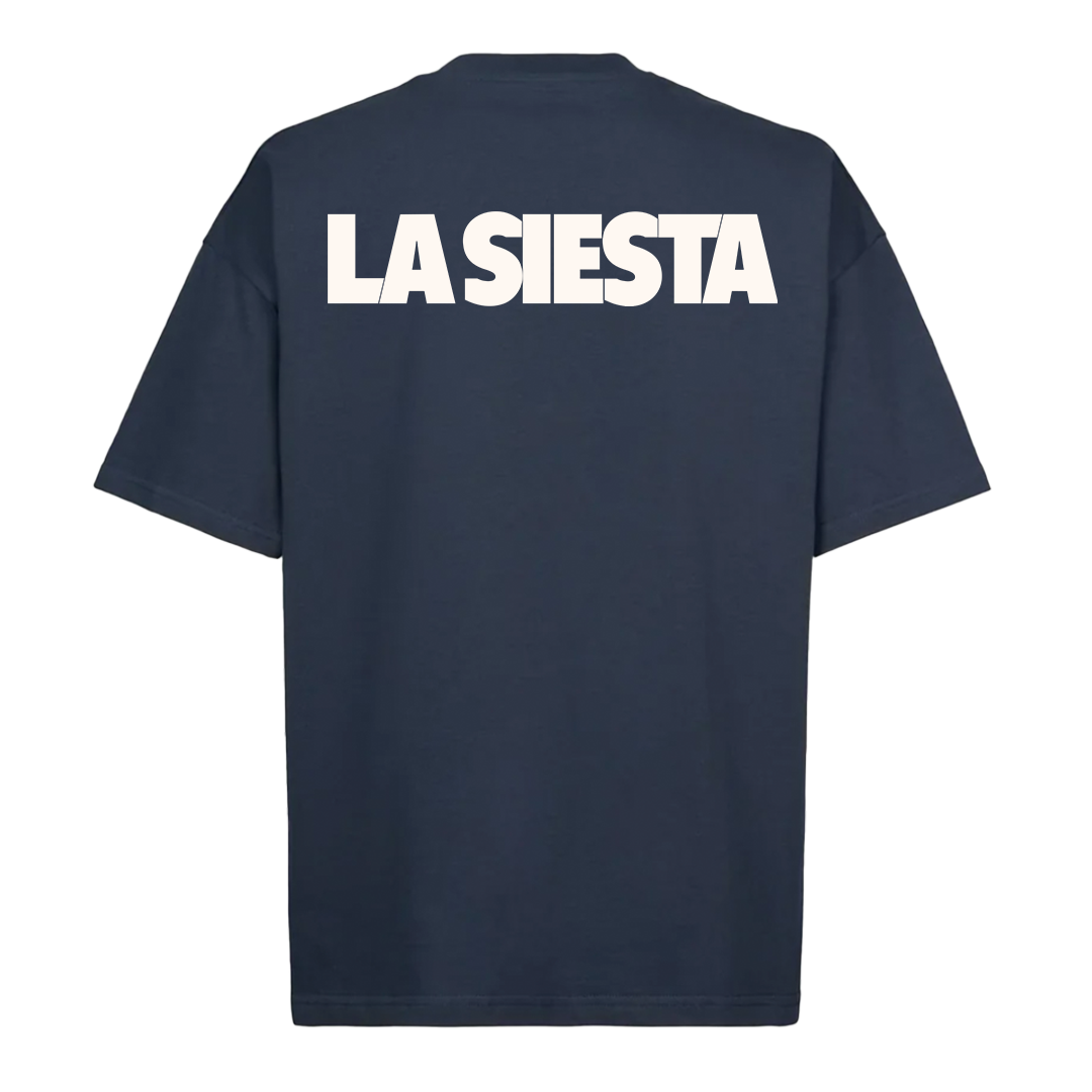 LA SIESTA navy oversized t-shirt with “LA SIESTA” logo printed on back, back view