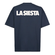 LA SIESTA navy oversized t-shirt with “LA SIESTA” logo printed on back, back view